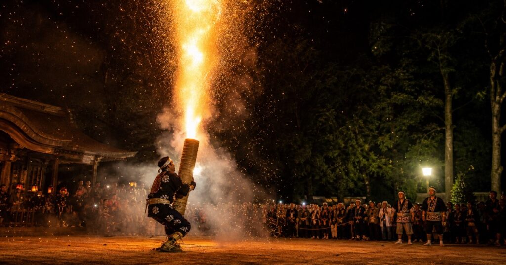 手筒花火を抱える祭り　火の粉を浴びる奉納の安全と信仰